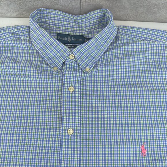 Ralph Lauren Shirt Mens 3XB Green Blue Check Classic Fit Short Sleeve Button - Picture 1 of 10
